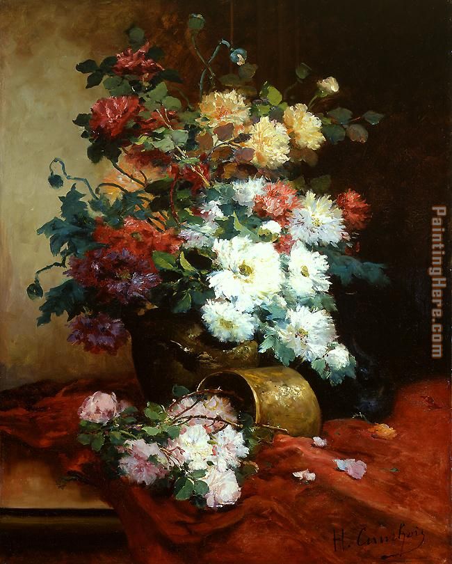 Roses and Dahlias painting - Eugene Henri Cauchois Roses and Dahlias art painting